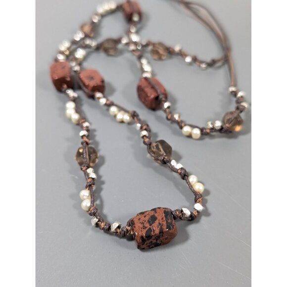 J.Jill Red Stone Smokey Glass Pearl Cord Necklace Boho Chic 34" - Picture 1 of 10